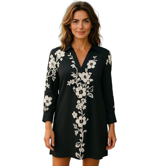 ZARA Black Floral Shift Dress Size S NWT | Long Sleeve Tunic Mini - Picture 1 of 10